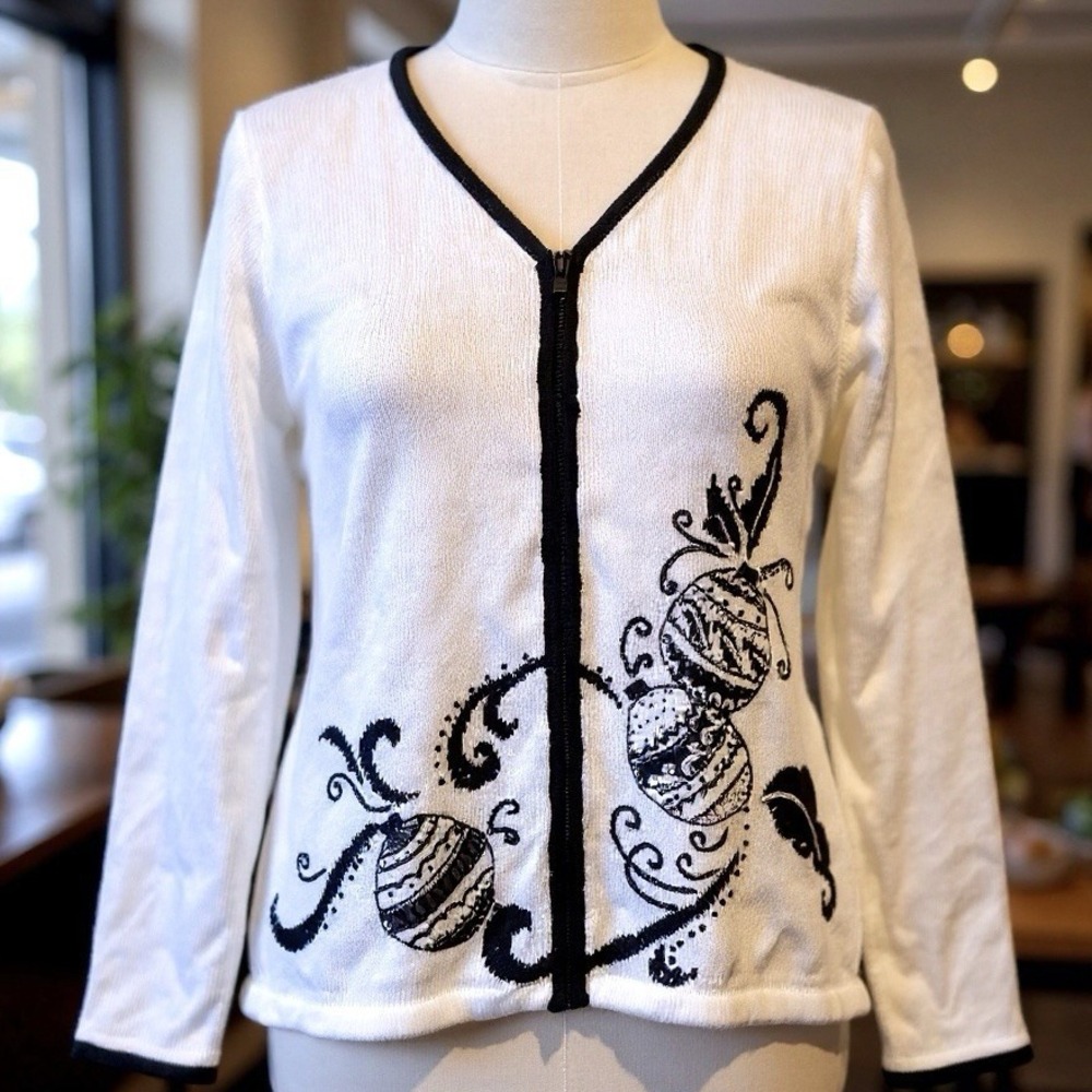 Storybook Knits Christmas Full Zip Cardigan Sweater L White Black Sequins NWT
